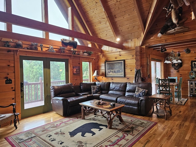 living room featuring beamed ceiling, wood-type flooring, wooden ceiling, and wooden walls