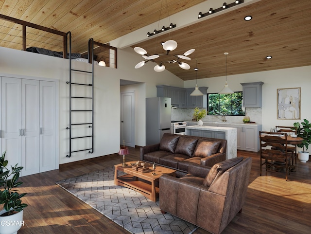 living area featuring high vaulted ceiling, wooden ceiling, and dark wood finished floors