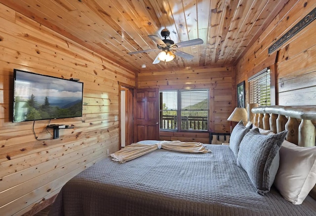 bedroom featuring wood walls, ceiling fan, and wooden ceiling