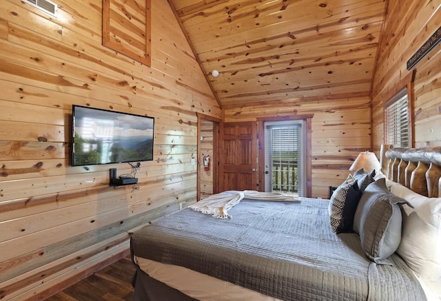 bedroom with wood walls, hardwood / wood-style floors, wood ceiling, and lofted ceiling