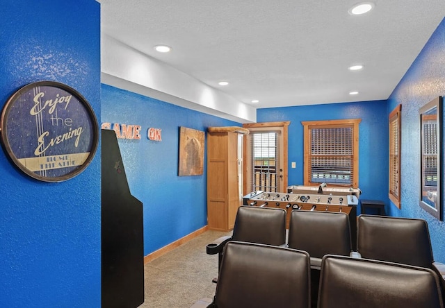 cinema room featuring a textured ceiling and light colored carpet