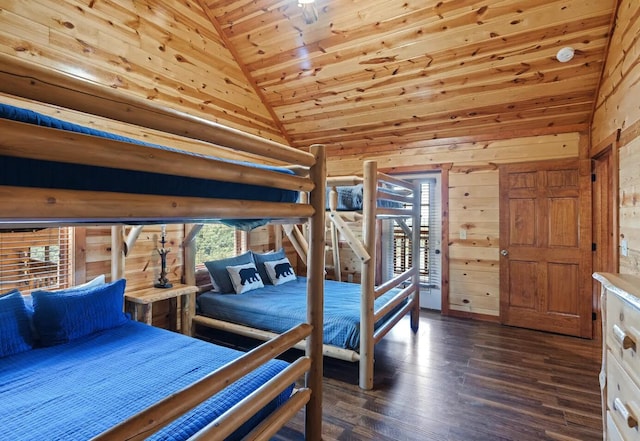 unfurnished bedroom featuring dark hardwood / wood-style flooring, multiple windows, wooden ceiling, and wood walls