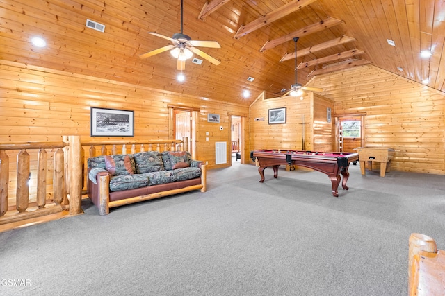 recreation room featuring beam ceiling, log walls, high vaulted ceiling, billiards, and wood ceiling