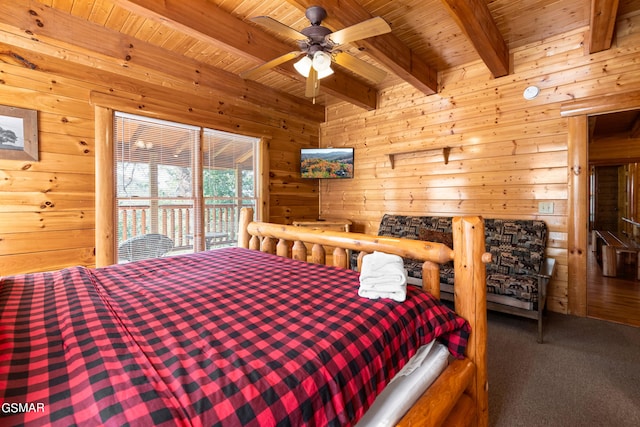 carpeted bedroom featuring beam ceiling, access to exterior, wood walls, and wooden ceiling