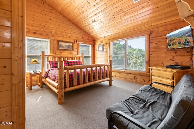 bedroom featuring wooden walls, light colored carpet, wooden ceiling, and lofted ceiling