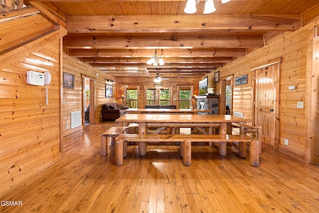 dining room featuring beamed ceiling, light hardwood / wood-style floors, and log walls