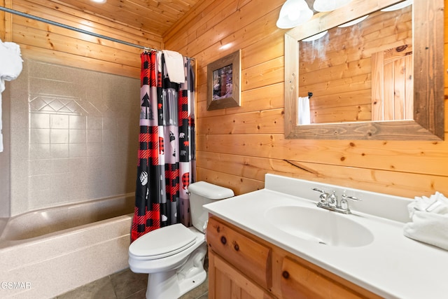 full bathroom featuring vanity, shower / tub combo with curtain, wooden walls, and wood ceiling