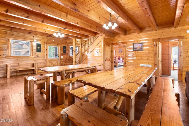 dining area with beam ceiling, wooden walls, wooden ceiling, and a notable chandelier