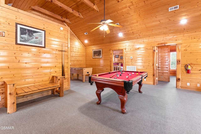 recreation room with wood ceiling, ceiling fan, lofted ceiling with beams, billiards, and carpet floors