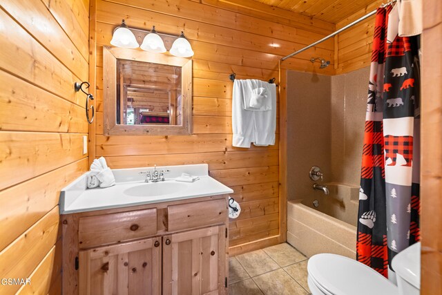 full bathroom featuring vanity, wooden ceiling, tile patterned floors, wooden walls, and shower / tub combo with curtain