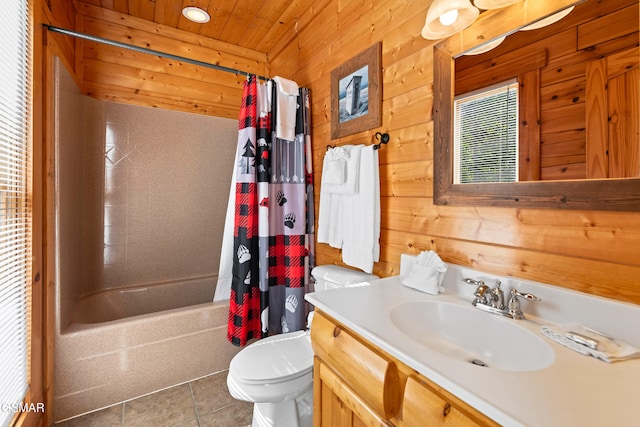 full bathroom featuring shower / tub combo with curtain, tile patterned floors, wooden ceiling, and wood walls