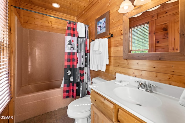 full bathroom with tile patterned flooring, shower / tub combo, wooden walls, and wood ceiling