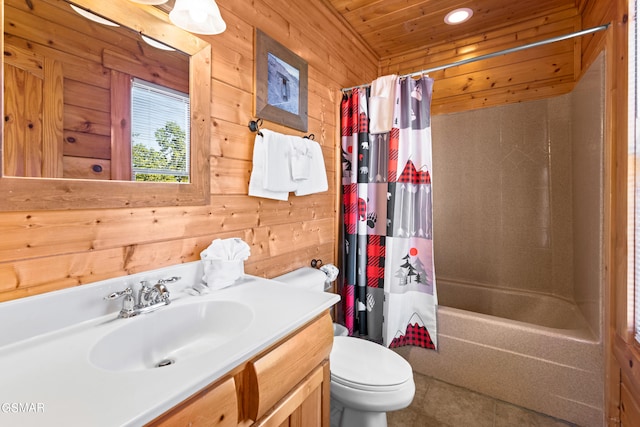 full bathroom with wood ceiling, vanity, shower / bathtub combination with curtain, toilet, and wood walls