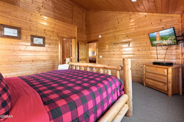 bedroom featuring wood walls, carpet floors, wooden ceiling, and high vaulted ceiling