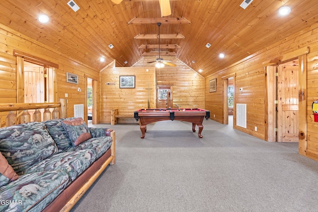 recreation room featuring ceiling fan, vaulted ceiling with beams, carpet, wood ceiling, and pool table