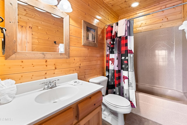 full bathroom with toilet, vanity, shower / tub combo with curtain, and wood walls