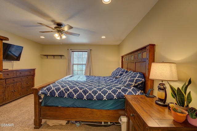 bedroom featuring ceiling fan, recessed lighting, and light colored carpet