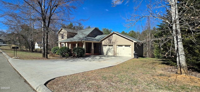 view of home's exterior with concrete driveway, a yard, and an attached garage