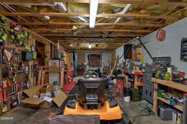 basement with a workshop area