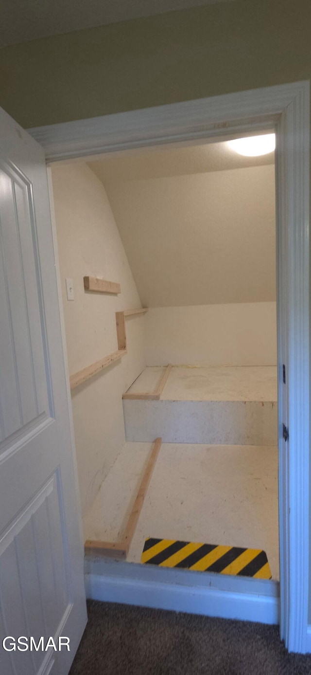 interior space with carpet floors and vaulted ceiling