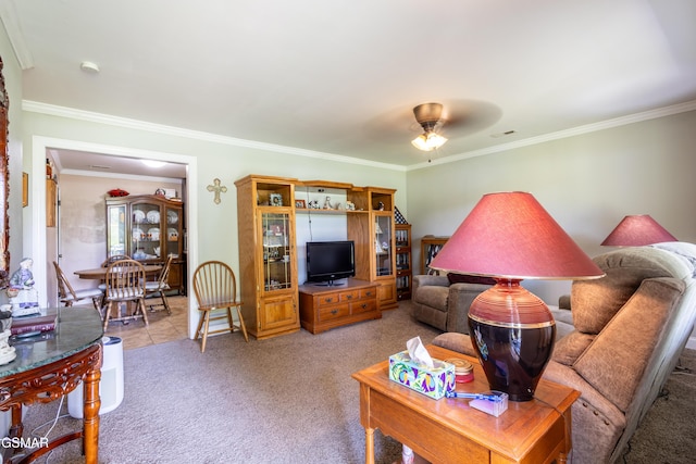 6119 Ridgeview Rd, Knoxville, TN 37918 - living area with a ceiling fan, ornamental molding, and light colored carpet