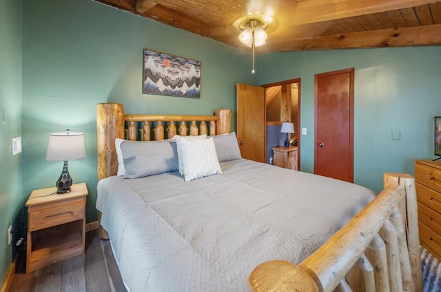 bedroom featuring ceiling fan, wood ceiling, dark hardwood / wood-style flooring, and beam ceiling