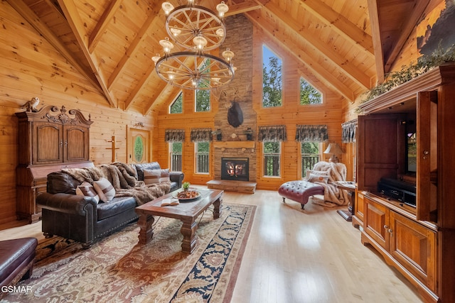 915 Statham Way, Gatlinburg, TN 37738 - living area featuring wooden ceiling, high vaulted ceiling, light wood-type flooring, a chandelier, and wooden walls