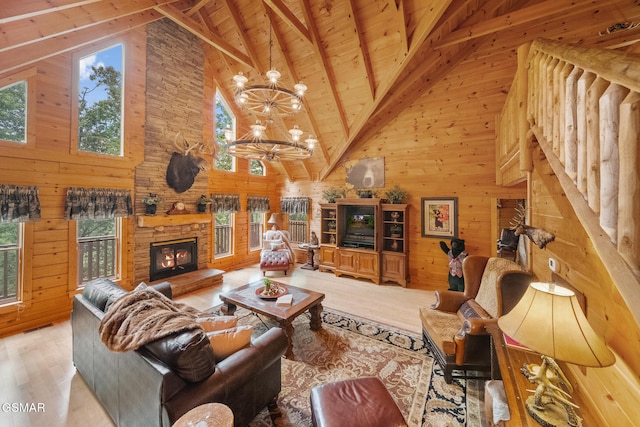 915 Statham Way, Gatlinburg, TN 37738 - living room featuring wood finished floors, high vaulted ceiling, plenty of natural light, wooden walls, and beam ceiling