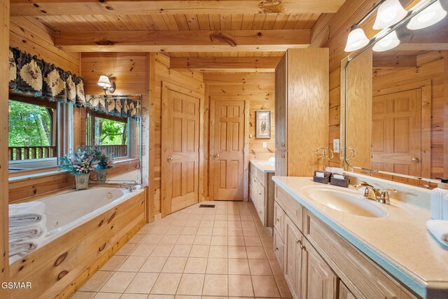 915 Statham Way, Gatlinburg, TN 37738 - bathroom featuring wooden ceiling, wood walls, beamed ceiling, tile patterned flooring, and vanity