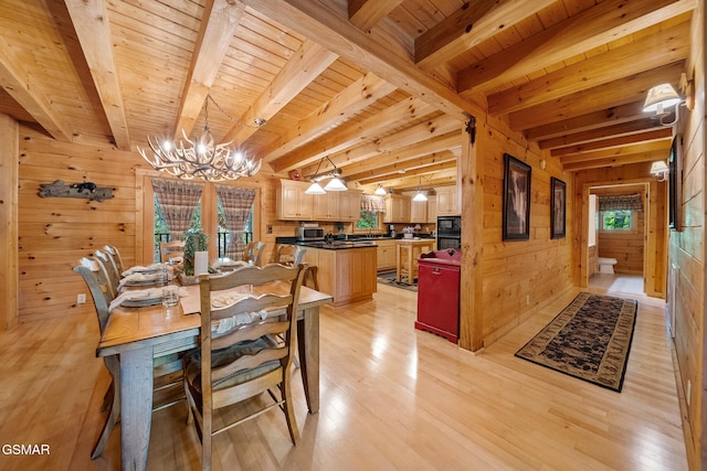 915 Statham Way, Gatlinburg, TN 37738 - dining room featuring a chandelier, beam ceiling, wood ceiling, wooden walls, and light wood finished floors