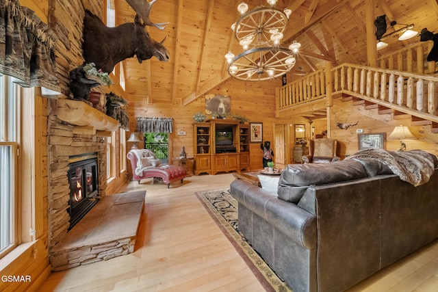 915 Statham Way, Gatlinburg, TN 37738 - living room featuring wooden walls, high vaulted ceiling, wood-type flooring, wooden ceiling, and a chandelier