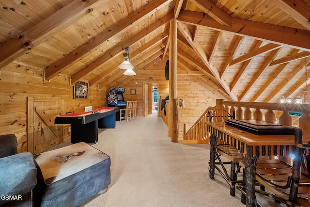 915 Statham Way, Gatlinburg, TN 37738 - recreation room featuring wooden walls, wooden ceiling, and light colored carpet