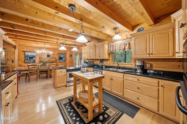 915 Statham Way, Gatlinburg, TN 37738 - kitchen with a sink, appliances with stainless steel finishes, light brown cabinetry, light wood finished floors, and wood walls