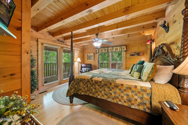 915 Statham Way, Gatlinburg, TN 37738 - bedroom featuring beamed ceiling, wooden walls, wooden ceiling, and access to outside