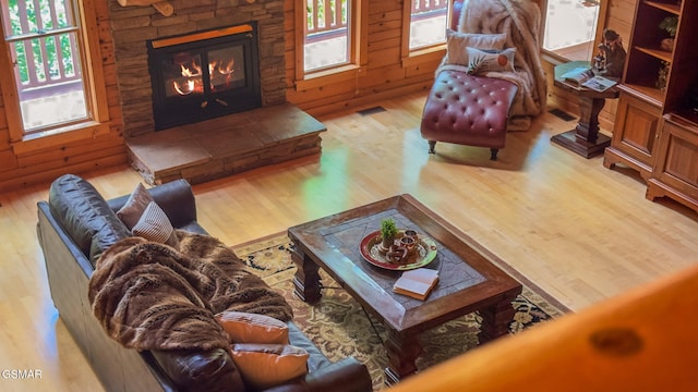 915 Statham Way, Gatlinburg, TN 37738 - living room with wood finished floors, healthy amount of natural light, a stone fireplace, and wooden walls