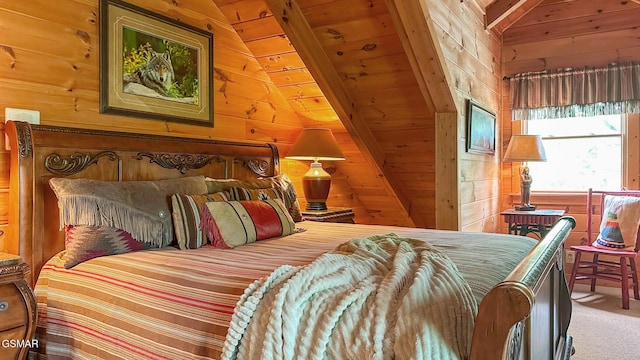 915 Statham Way, Gatlinburg, TN 37738 - carpeted bedroom featuring wooden walls, lofted ceiling, and wood ceiling