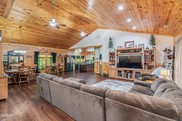 1668 Deerwood Rd, Newport, TN 37821 - living room with lofted ceiling, wooden ceiling, wood finished floors, wainscoting, and wood walls
