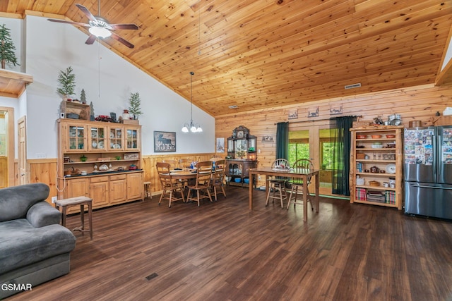 1668 Deerwood Rd, Newport, TN 37821 - dining area with wood walls, a ceiling fan, a wainscoted wall, dark wood finished floors, and wooden ceiling