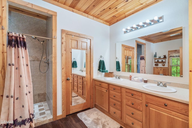 1668 Deerwood Rd, Newport, TN 37821 - bathroom with a tile shower, double vanity, wood finished floors, and wood ceiling