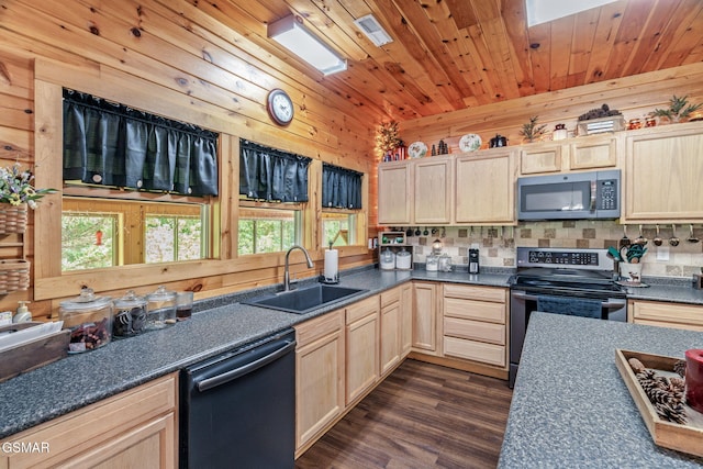 1668 Deerwood Rd, Newport, TN 37821 - kitchen featuring appliances with stainless steel finishes, light brown cabinets, dark countertops, plenty of natural light, and wood walls