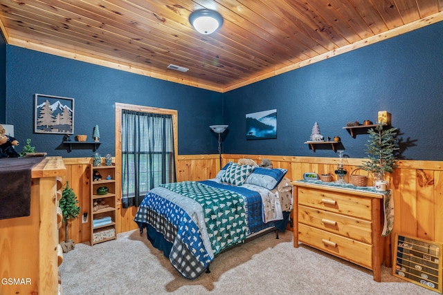 1668 Deerwood Rd, Newport, TN 37821 - bedroom featuring a textured wall, carpet, wooden ceiling, a wainscoted wall, and wood walls