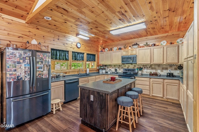 1668 Deerwood Rd, Newport, TN 37821 - kitchen featuring appliances with stainless steel finishes, dark countertops, wood ceiling, light brown cabinetry, and dark wood-style flooring