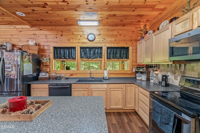 1668 Deerwood Rd, Newport, TN 37821 - kitchen featuring appliances with stainless steel finishes, light brown cabinetry, dark countertops, dark wood finished floors, and wood ceiling