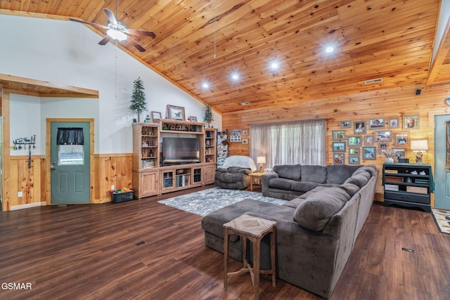 1668 Deerwood Rd, Newport, TN 37821 - living room with wooden walls, ceiling fan, high vaulted ceiling, dark wood-type flooring, and wainscoting