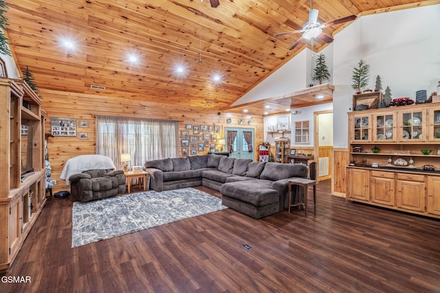 1668 Deerwood Rd, Newport, TN 37821 - living room featuring dark wood-type flooring, ceiling fan, wainscoting, wood walls, and high vaulted ceiling