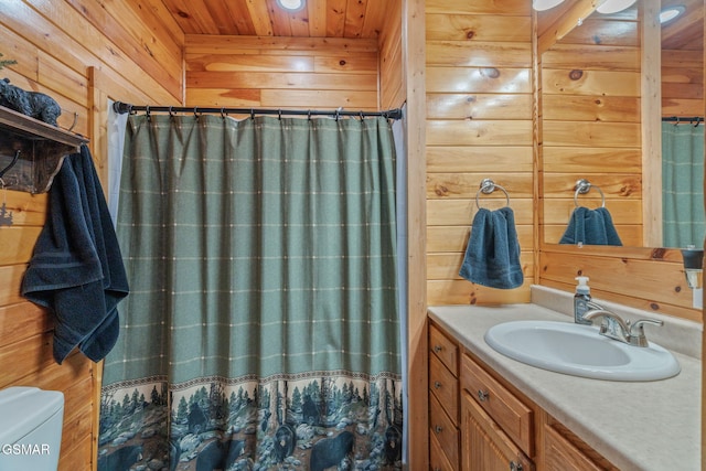 1668 Deerwood Rd, Newport, TN 37821 - bathroom with wooden walls, vanity, wooden ceiling, and a shower with shower curtain
