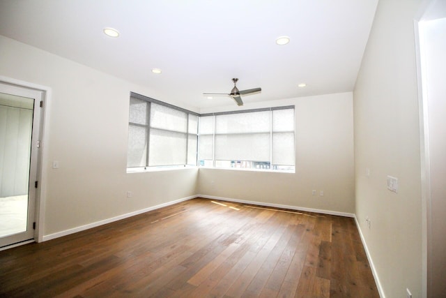 empty room featuring recessed lighting, baseboards, ceiling fan, and hardwood / wood-style floors