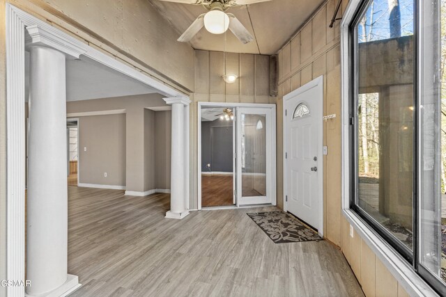 221 Woodland Rd Unit 315, Gatlinburg, TN 37738 - entryway with light wood finished floors, baseboards, decorative columns, and a ceiling fan