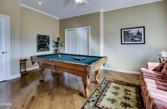 rec room featuring wood-type flooring, crown molding, pool table, and a ceiling fan