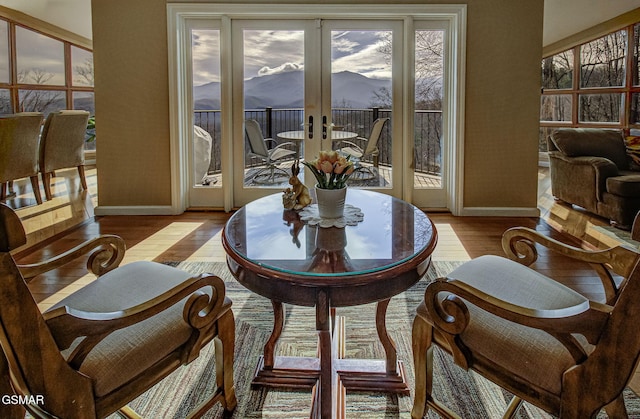 dining area with a mountain view, french doors, light wood finished floors, and baseboards